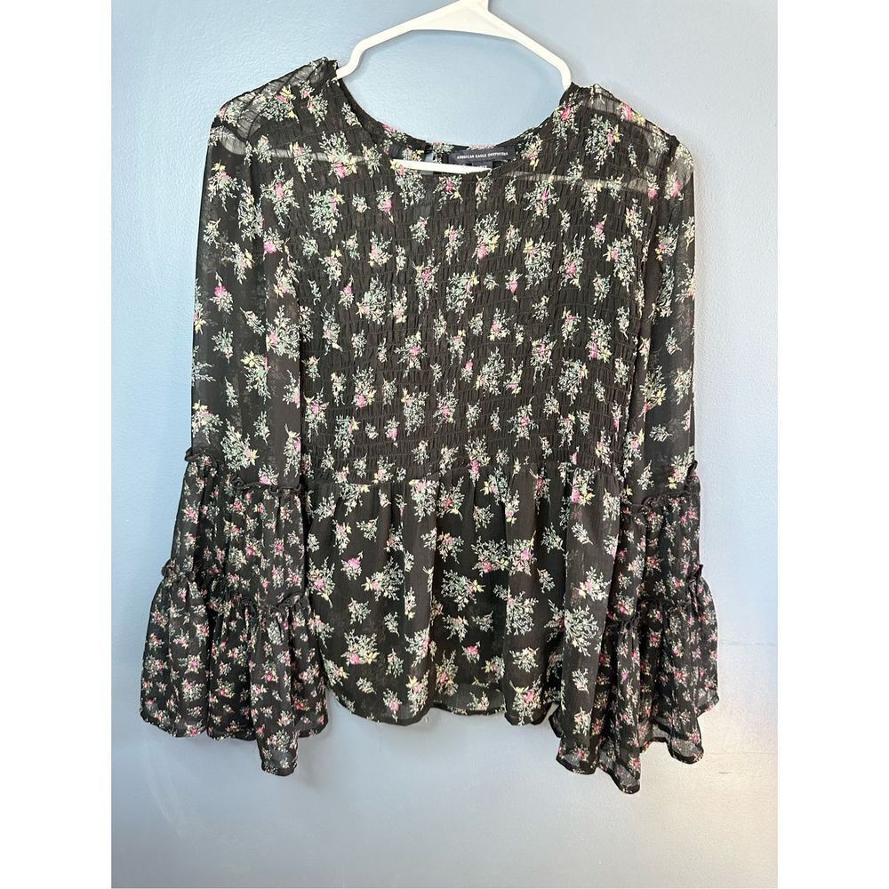 American Eagle Floral Bell Sleeve Boho Blouse Black Size Small